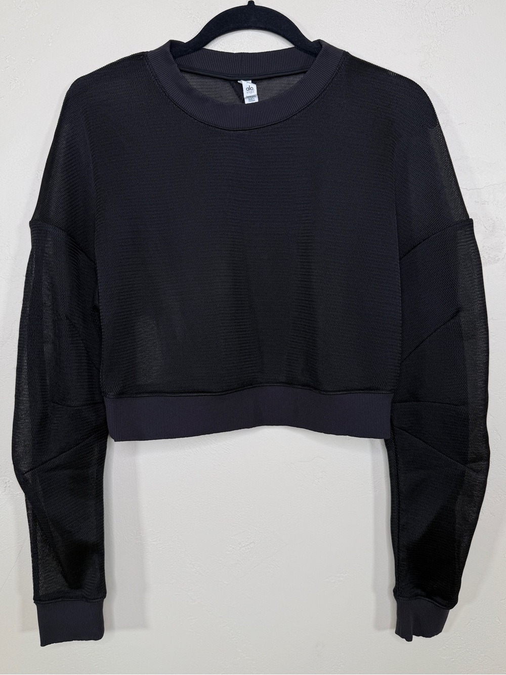 ALO Yoga Row Long Sleeve Black Mesh Athletic Crop Pullover Sheer Top